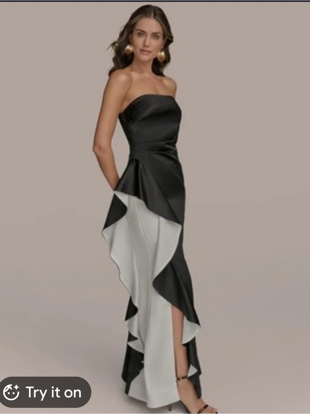 Donna Karan Strapless Black and White Ruffle Gown